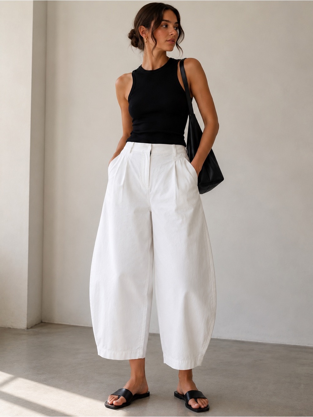 COS White Wide-Leg Cropped Trousers with Pleats
